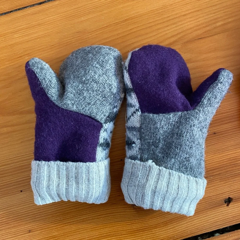 Gray and Purple Knit Mittens with Button Detail